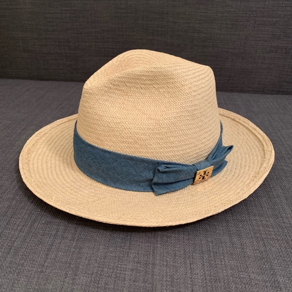 Tory Burch Straw Fedora With Denim Band 